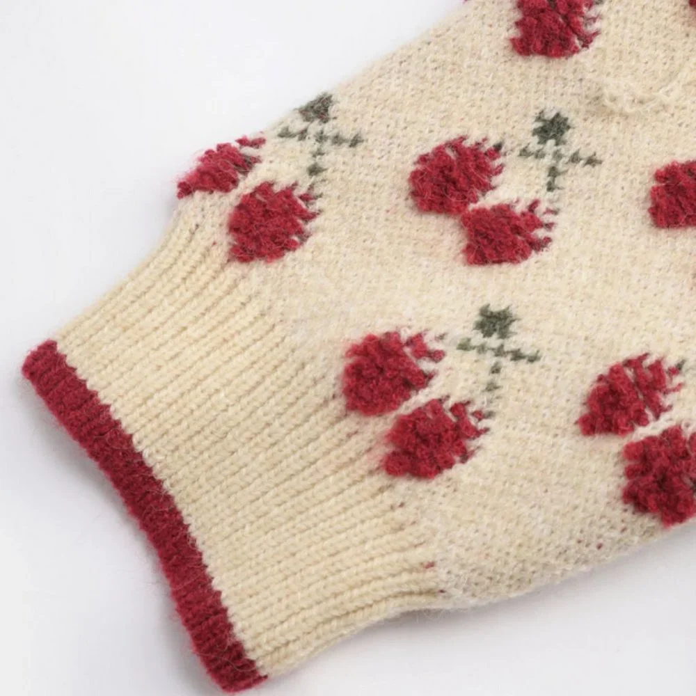 Cider Contrasting Binding Cherry Pattern Knitted Crop Top - Picture 6 of 7